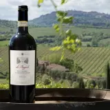 Bottiglia di Vino Nobile di Montepulciano in primo piano, con vigneti e colline toscane sullo sfondo.