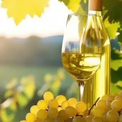 Calice di vino bianco dorato, bottiglia e grappoli d'uva su sfondo sfocato di vigneti. Un assaggio dei migliori vini del Collio.