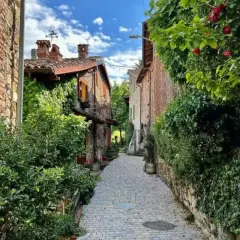 Un vicolo acciottolato nel Val di Nizza, con case in pietra ricoperte di edera e rose rosse.