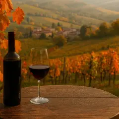 Un bicchiere di vino rosso e una bottiglia su un tavolo di legno, con vigneti autunnali sullo sfondo. Un assaggio della storia del vino.