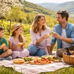 Famiglia felice in un rigoglioso pic nic oltrepo pavese, tra vigneti e alberi in fiore, con cibo delizioso e vino.