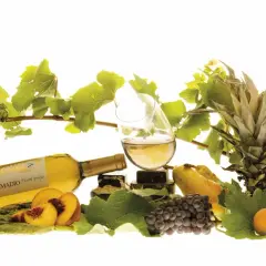 Un bicchiere di Pinot Grigio, fermo o frizzante, accanto a frutta fresca e grappoli d'uva.