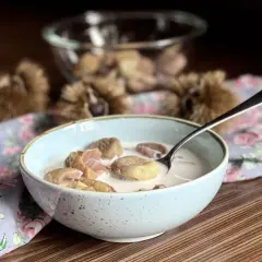 Una ciotola di castagne al latte, un dolce autunnale cremoso e confortante, con ricci di castagne sullo sfondo.