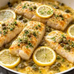 Merluzzo con cipolle in bianco, guarnito con capperi, prezzemolo e fette di limone, in una padella.