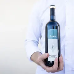 Uomo in camicia bianca tiene una bottiglia di vino Ruche di Castagnole Monferrato BAVA.