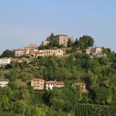Borgo collinare di Montu Beccaria, con case colorate e vigneti rigogliosi sotto un cielo azzurro.