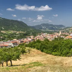 Panoramica del borgo del monte antico Varzi, con case dai tetti rossi incastonate tra colline verdi e alberi rigogliosi sotto un cielo azzurro.