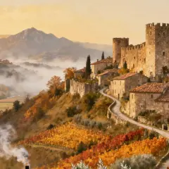 Borghi medievali vicino Pavia, un castello domina un villaggio tra vigneti autunnali e nebbia mattutina.