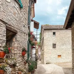 Un vicolo tra antichi borghi in provincia di Pavia, con case in pietra e vasi di fiori colorati che adornano i muri.