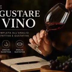 Uomo annusa un bicchiere di vino rosso, guida alla degustazione. Immagine evoca la ricchezza dei vini lucani.