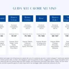 Tabella aromi vino: Spumante (80-95 kcal/100ml), Bianco Fermo (74-97), Rosso Fermo (75-100), Rosé (75-100), Bianco Dolce (98-107), Liquoroso (116-154).