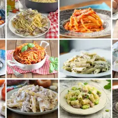 Collage di piatti di pasta asciutta: spaghetti alle vongole, penne alla crema, rigatoni al sugo e altre delizie.