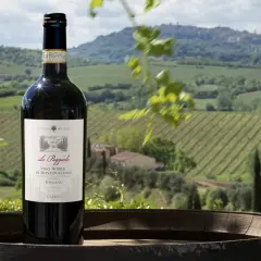 Bottiglia di Vino Nobile di Montepulciano in primo piano, con vigneti e colline toscane sullo sfondo.