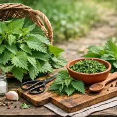 Ortica fresca raccolta in un cesto, pronta per deliziose ricette. Ingredienti per un pesto di ortica: olio, sale, aglio, pepe e forbici.
