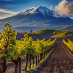Vigneti rigogliosi ai piedi dell'Etna, un paesaggio iconico per i vini Sicilia. Tannico.