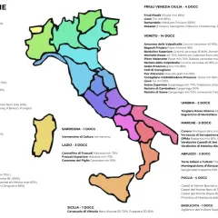 Mappa dei vini DOCG italiani, con la Lombardia che vanta 5 denominazioni, tra cui la Franciacorta.