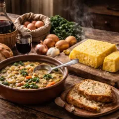 Un ricco banchetto di cucina contadina: zuppa fumante, polenta dorata, pane rustico, uova fresche e vino rosso.