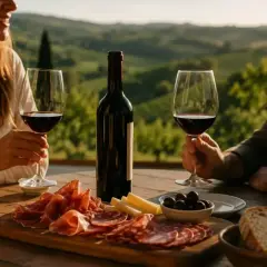 Coppia brinda con vino rosso su una terrazza con vista su dolci colline. Tagliere di salumi, formaggi e olive. Un momento di dolce stradella.