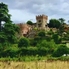La rocca di Montalfeo, un castello medievale circondato da alberi secolari e vegetazione lussureggiante, domina la collina.