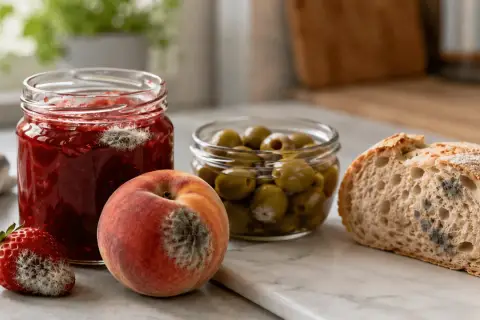 Muffa su fragola, pesca, marmellata, olive e pane, un triste promemoria dei classici frutti di conserva andati a male.