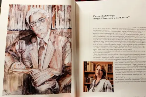 Ritratto di Giacomo Tachis, maestro del vino, con un bicchiere. L'opera è un omaggio dell'artista Elisabetta Rogai.