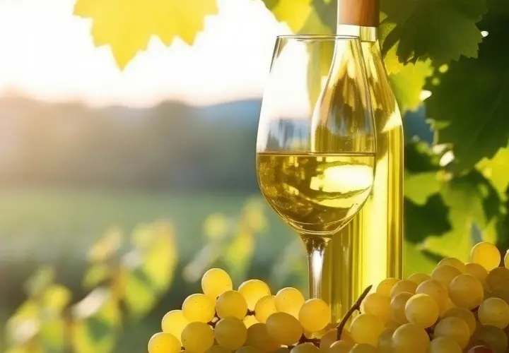 Calice di vino bianco dorato, bottiglia e grappoli d'uva su sfondo sfocato di vigneti. Un assaggio dei migliori vini del Collio.