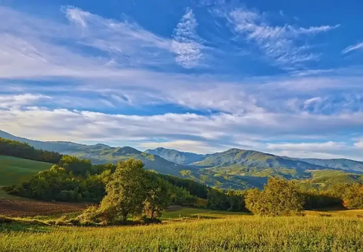 Valli della Staffora sotto un cielo azzurro con nuvole bianche. Colline verdi e alberi in primo piano.