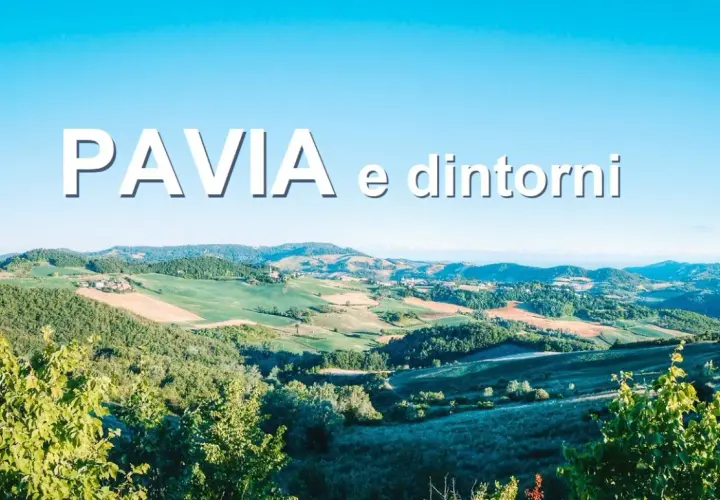 Colline verdi e campi coltivati sotto un cielo azzurro, con il testo "PAVIA e dintorni" che sovrasta il paesaggio.