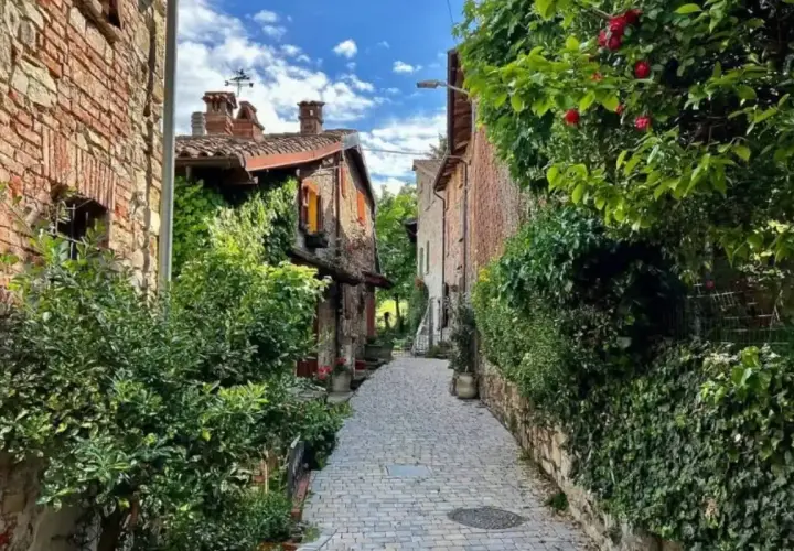 Un vicolo acciottolato nel Val di Nizza, con case in pietra ricoperte di edera e rose rosse.