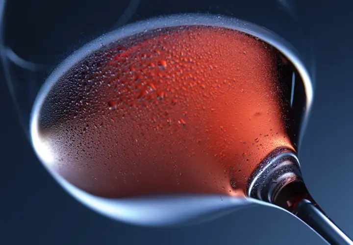 Un bicchiere di vino rosato, con goccioline di condensa sulla superficie, evoca la freschezza e l'eleganza della vinificazione in rosato.