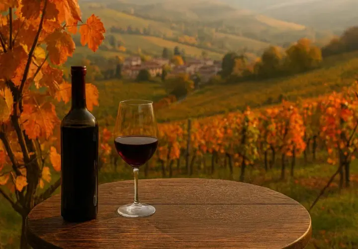 Un bicchiere di vino rosso e una bottiglia su un tavolo di legno, con vigneti autunnali sullo sfondo. Un assaggio della storia del vino.