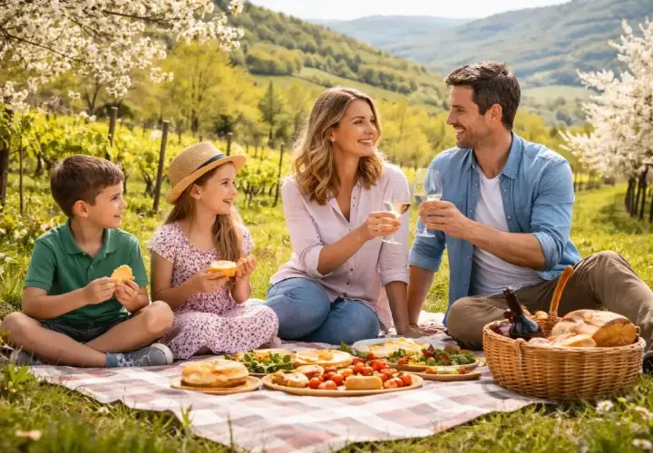 Famiglia felice in un rigoglioso pic nic oltrepo pavese, tra vigneti e alberi in fiore, con cibo delizioso e vino.