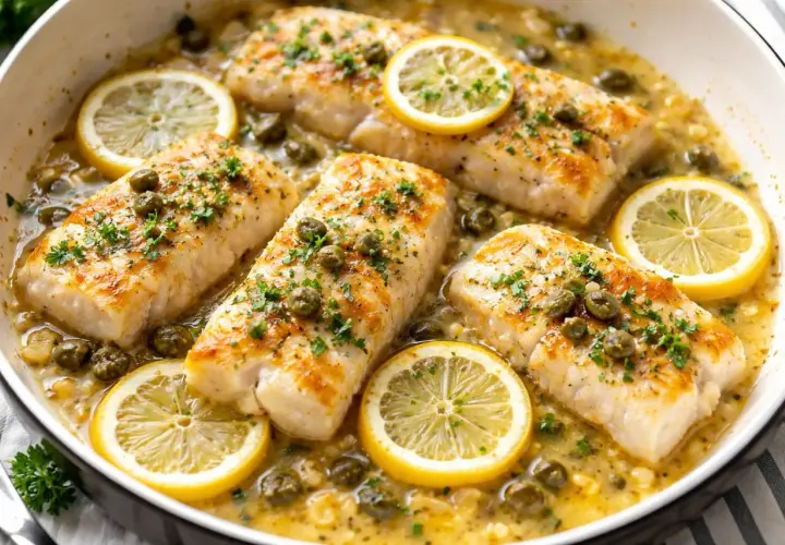 Merluzzo con cipolle in bianco, guarnito con capperi, prezzemolo e fette di limone, in una padella.