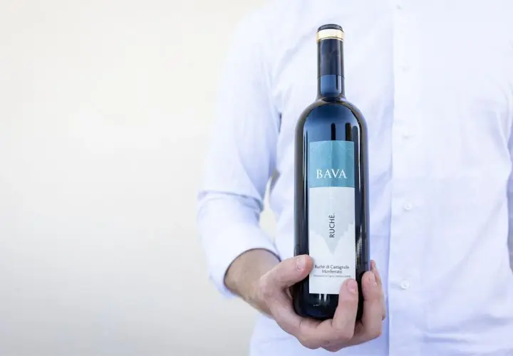 Uomo in camicia bianca tiene una bottiglia di vino Ruche di Castagnole Monferrato BAVA.