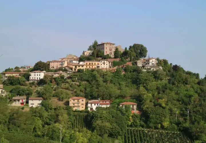 Borgo collinare di Montu Beccaria, con case colorate e vigneti rigogliosi sotto un cielo azzurro.