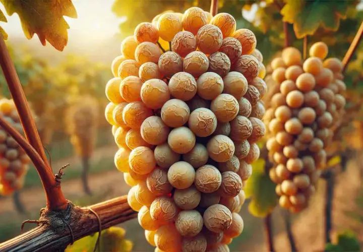 Grappoli dorati di uva matura, pronti per la vendemmia tardiva. La luce del sole illumina i chicchi dolci e succosi, promettendo un vino eccezionale.