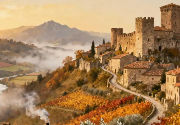 Borghi medievali vicino Pavia, un castello domina un villaggio tra vigneti autunnali e nebbia mattutina.