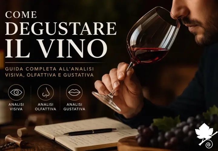 Uomo annusa un bicchiere di vino rosso, guida alla degustazione. Immagine evoca la ricchezza dei vini lucani.