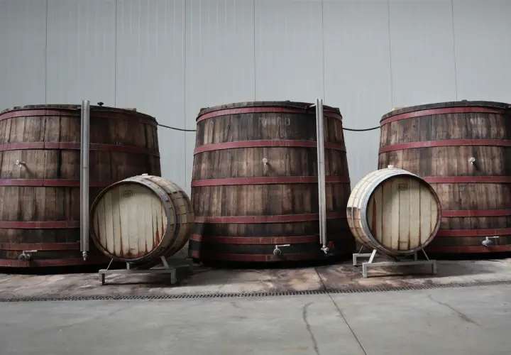 Grandi botti di legno e barili più piccoli, pronti per affinare i pregiati vini lombardi.