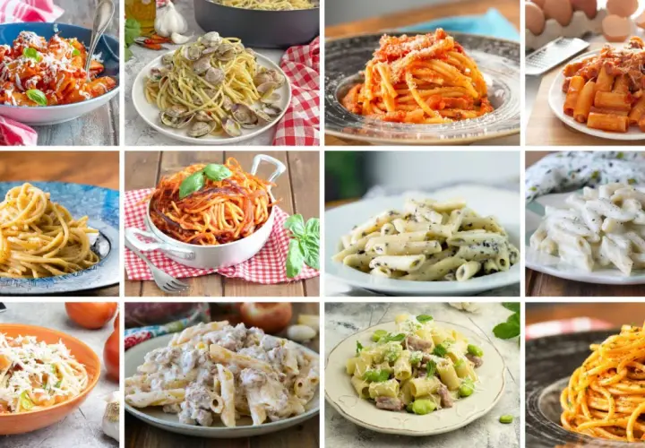 Collage di piatti di pasta asciutta: spaghetti alle vongole, penne alla crema, rigatoni al sugo e altre delizie.