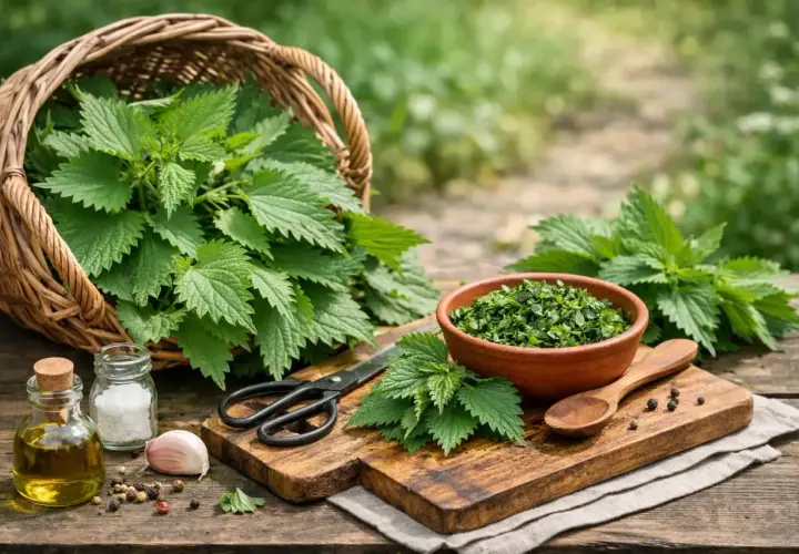 Ortica fresca raccolta in un cesto, pronta per deliziose ricette. Ingredienti per un pesto di ortica: olio, sale, aglio, pepe e forbici.