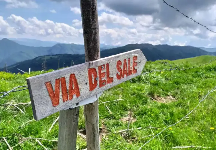 Cartello in legno "Via del Sale Varzi" su un sentiero montano verdeggiante, con cielo nuvoloso e montagne sullo sfondo.
