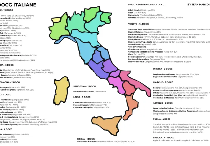 Mappa dei vini DOCG italiani, con la Lombardia che vanta 5 denominazioni, tra cui la Franciacorta.