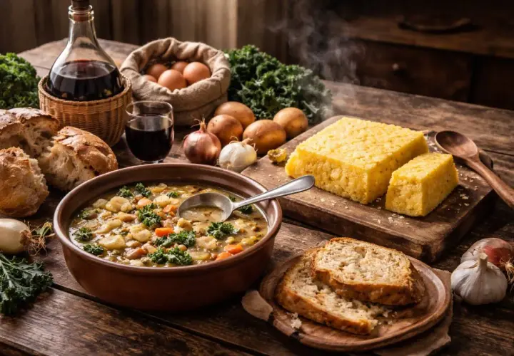 Un ricco banchetto di cucina contadina: zuppa fumante, polenta dorata, pane rustico, uova fresche e vino rosso.