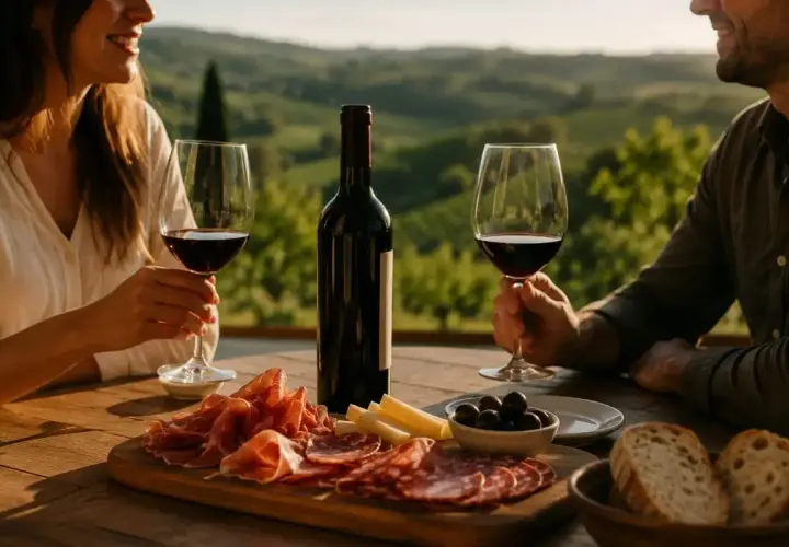 Coppia brinda con vino rosso su una terrazza con vista su dolci colline. Tagliere di salumi, formaggi e olive. Un momento di dolce stradella.