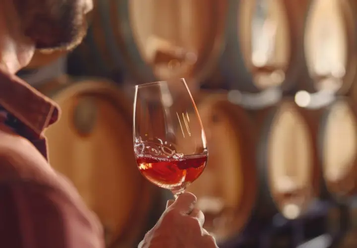 Uomo degusta vino rosso in cantina, tra botti di legno. Un assaggio del vero super tuscany.