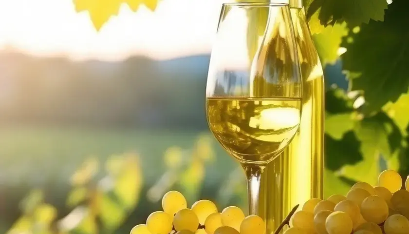 Calice di vino bianco dorato, bottiglia e grappoli d'uva su sfondo sfocato di vigneti. Un assaggio dei migliori vini del Collio.