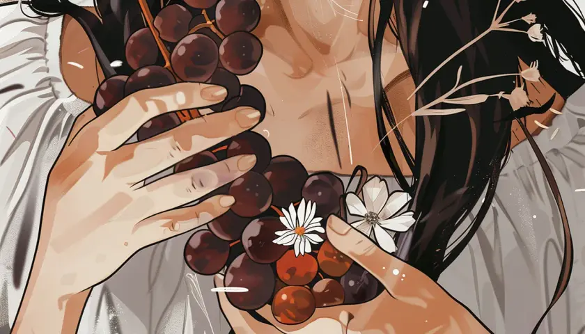 Mani delicate stringono un grappolo di uva scura, adornato da piccoli fiori bianchi. Il mosto fiore, promessa di dolcezza, si fonde con la morbidezza della scena.