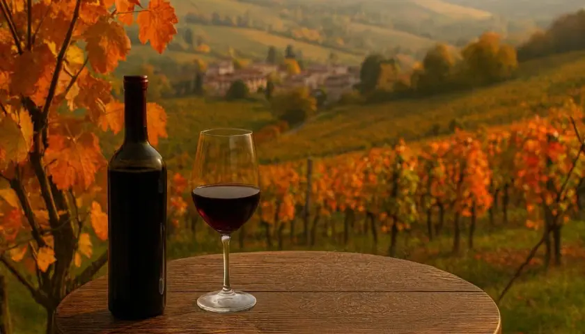 Un bicchiere di vino rosso e una bottiglia su un tavolo di legno, con vigneti autunnali sullo sfondo. Un assaggio della storia del vino.