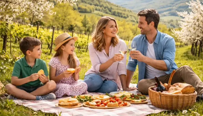 Famiglia felice in un rigoglioso pic nic oltrepo pavese, tra vigneti e alberi in fiore, con cibo delizioso e vino.